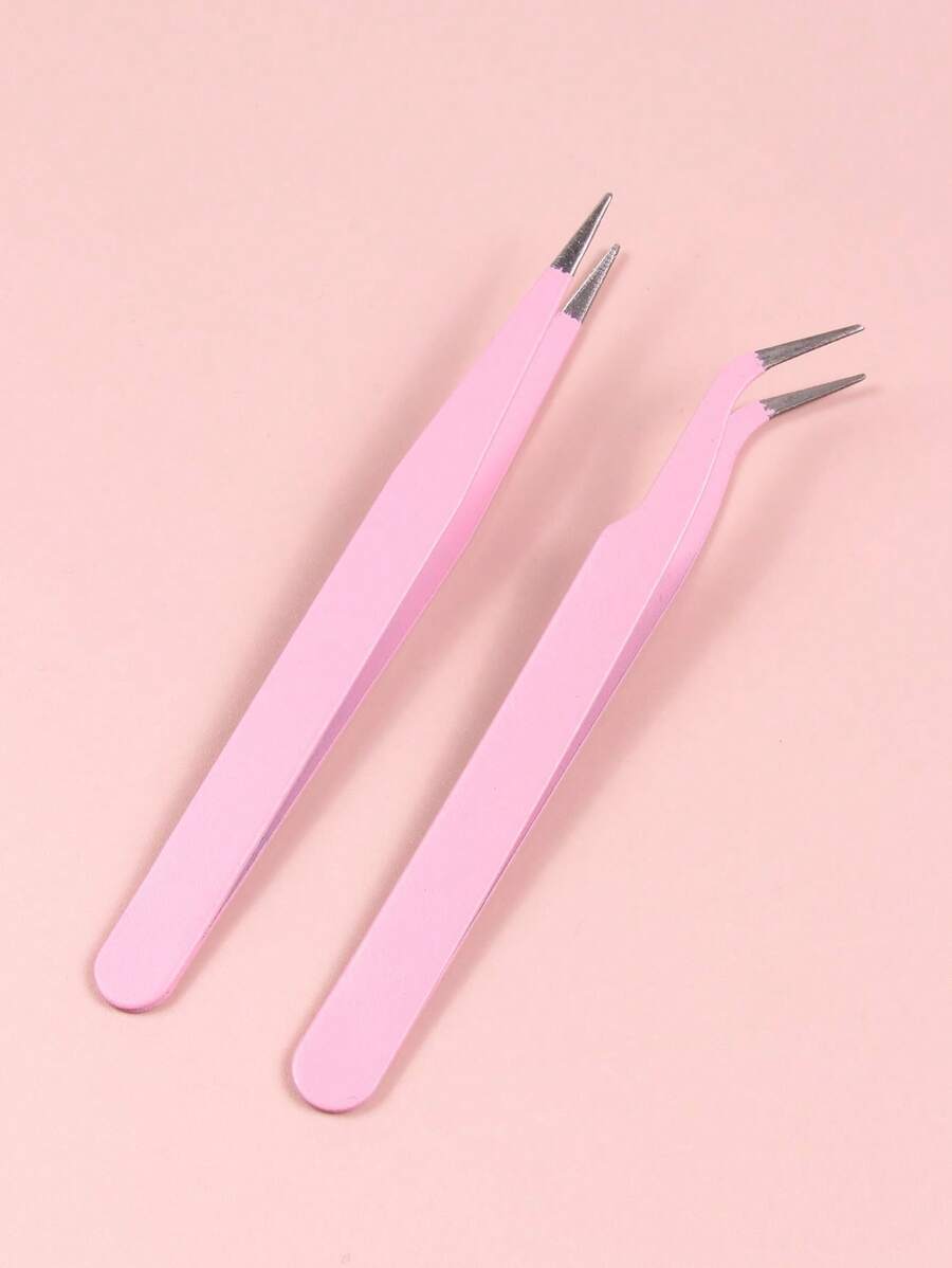 2/1pc Pink Straight Head Elbow Two Tweezers Set Simple Tweezer Head Fine Easy To Meet The Need Thickened Steel Hardness High Elasticity Durability Good With Protective Head Cover To Avoid Hand Injury Tight Fit Comfortable - Multicolor - View 1