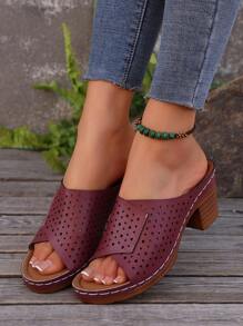 大码 36-43 夏季新款时尚粗高跟凉鞋，日常穿着露趾拖鞋，时尚勃艮第色 PU 皮革厚底女式凉鞋 - 酒紅色 - 查看 3