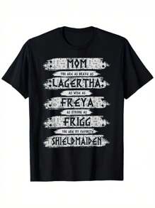 Viking Mom Graphic T-Shirt Casual Loose Fit, Unique Norse Design With "Mom" & Viking Warrior Text, Round Neck, Machine Washable, Adventure-Inspired Women's Tee, Allseason Apparel Bold Text Design  100% Cotton - màu đen - Xem 1