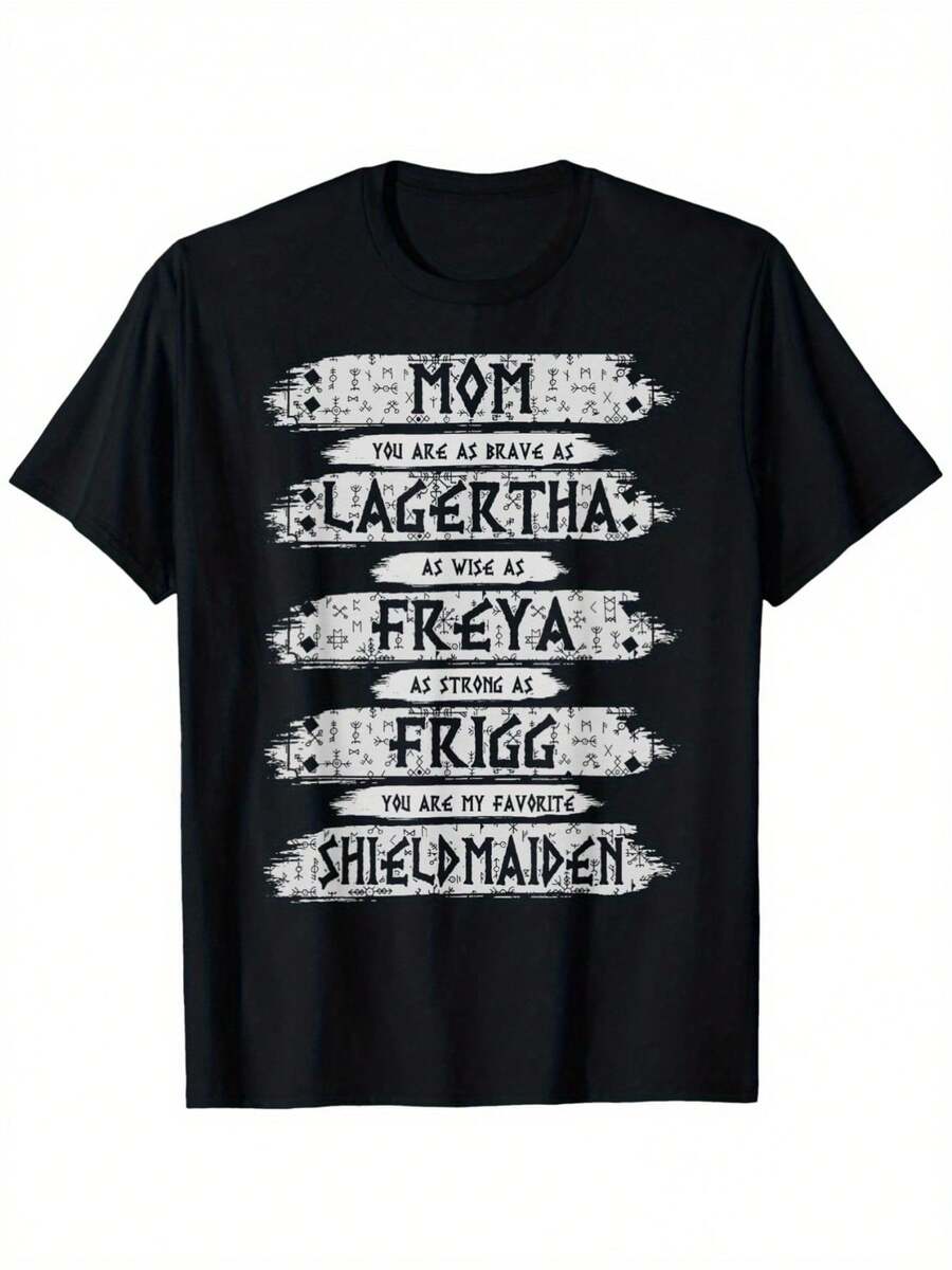 Viking Mom Graphic T-Shirt Casual Loose Fit, Unique Norse Design With "Mom" & Viking Warrior Text, Round Neck, Machine Washable, Adventure-Inspired Women's Tee, Allseason Apparel Bold Text Design  100% Cotton - màu đen - Xem 1