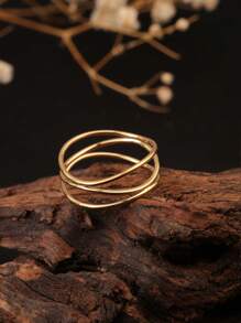 1 chiếc nhẫn quấn dệt nhiều lớp, màu vàng và bạc, phong cách cá nhân thời trang, thích hợp để phụ nữ đeo hàng ngày và làm quà tặng/dự tiệc - Nhẫn đường nét tinh tế đan xen ba lớp - Xem 3