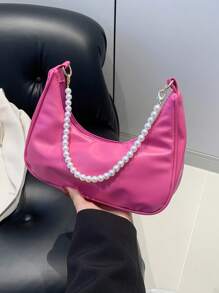 Bolso de hombro con cadena de perlas en forma de media luna con estilo, bolso baguette de hombro con estilo, bolso pequeño de mano, bolso casual para exteriores, bolso versátil para transporte