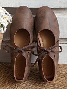 Women's Lace-Up Mary Jane Shoes, Unique Design Casual Retro Low Vamp Platform Shoes - Brown - View 5