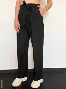 Women's Straight Leg Trousers, Elegant, Classic And Casual, Viscose And Nylon Fabric, Suitable For Spring And Summer Seasons, Natural Waist Fit With Light Elastic, Elegant And Decorative Ribbon At The Waist. Functional Side Pockets. Very Soft, Cool And Light Interior On Your Skin. - 黑色 - 查看 4