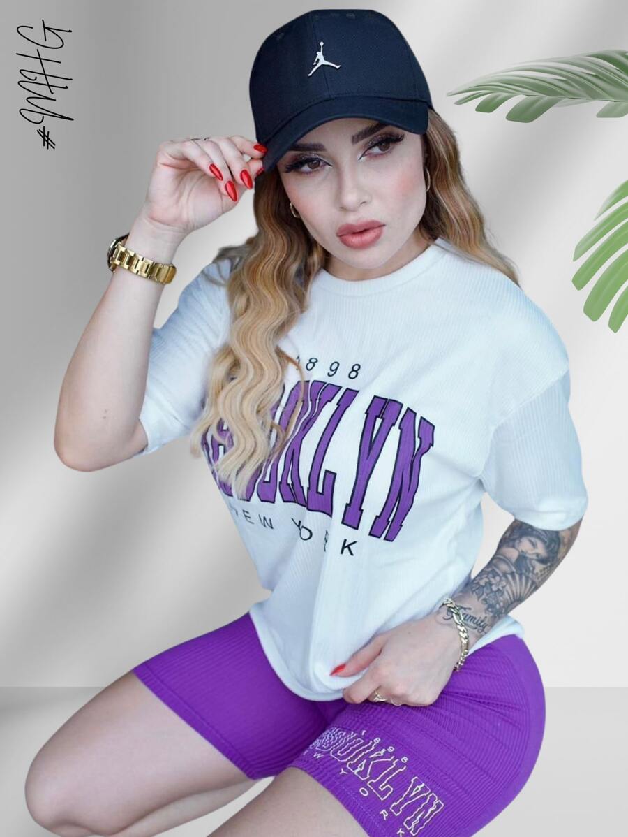 Letter Graphic Drop Shoulder Tee & Biker Shorts - Purple - View 1