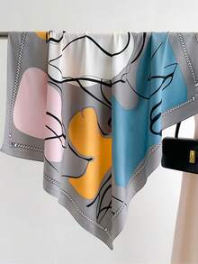 1 Pc Simple Color Block Printed Silk Scarf Twill Scarf Versatile Large Square Scarf Sunshade Shawl Headscarf Women Hijab Lightweight Shawls Gift - Multicolor - View 4