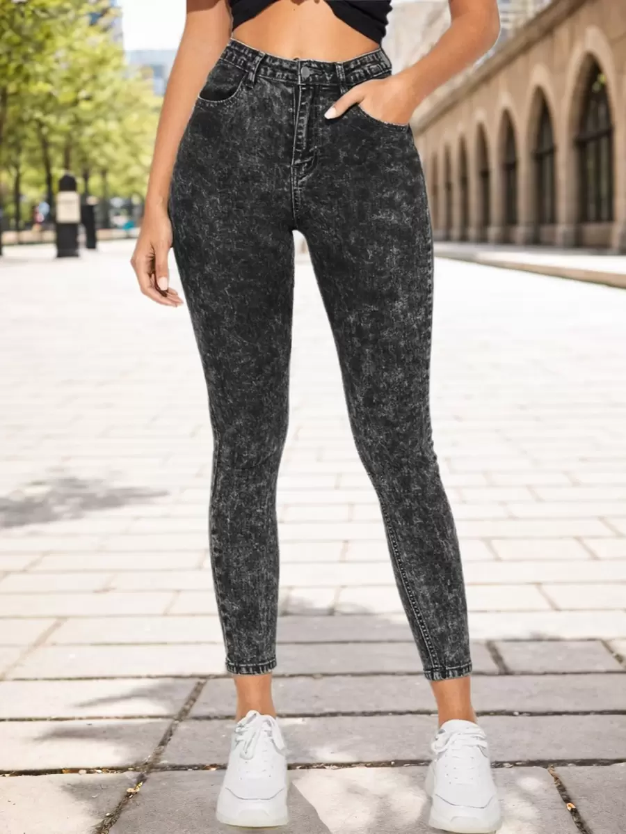 Jeans Deslavados Mezclilla para Mujer, pantalones pitillo mujer, vaqueros negros básicos cómodos,Mezclilla Deslavada para un Estilo Único - Negro - Ver 1