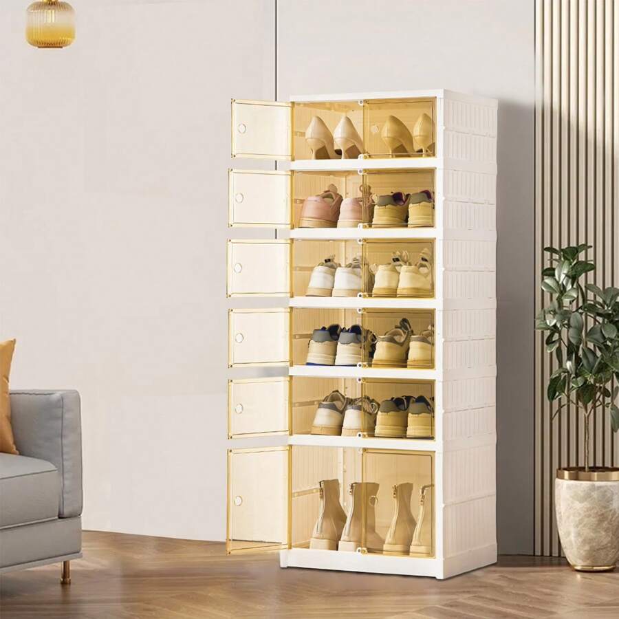 Folding Shoe Rack | Double Row 6 Layer Shoe Rack Storage Cabinet | Freestanding Shoe Organizer, Stackable Shoe Containers For Living Room Hallway