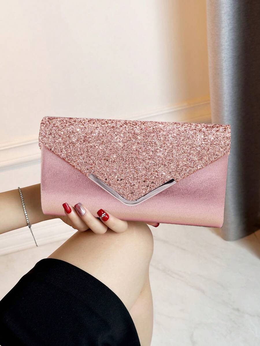 Luxurious And Elegant Flap Clutch Bag With A V-Shaped Design, Metal Chain, Glittering Sequins, And Envelope Shape. It Is An Evening Bag Suitable For Parties, Proms, Weddings, And Casual Occasions. It Is A Lady's Handbag And An Excellent Choice For Banquets And Dinners., Prom Bag For Party
