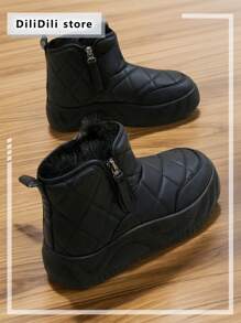 Women's Side Zipper Design Fleece Snow Boots With Thick Soles - Black - View 1