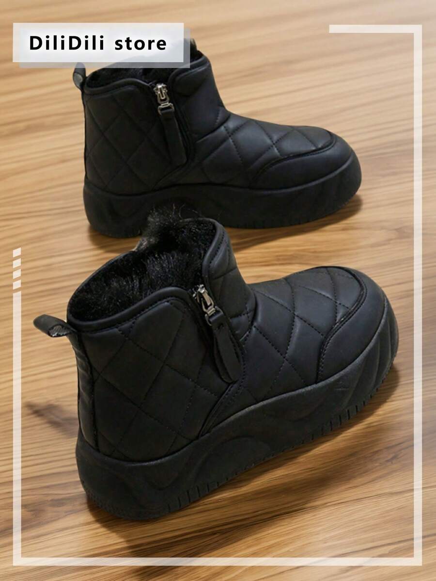 Women's Side Zipper Design Fleece Snow Boots With Thick Soles - Black - View 1