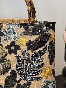 时尚彩色亮片对比网眼刺绣提花优雅女士竹制手柄手提包亚麻手提包，派对/节日风格晚装包