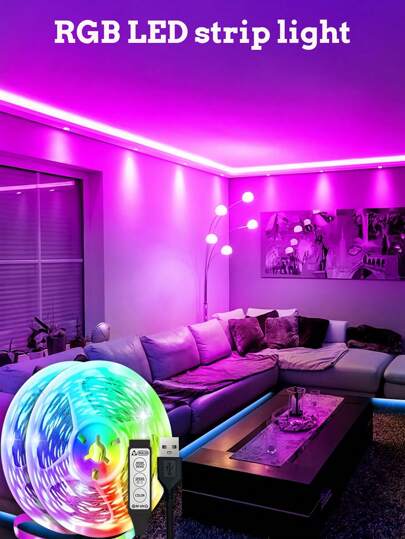 1-30米柔性RGB LED灯带，3键数据线控制（无遥控器），低压USB供电，自带背胶，适用于卧室、电视背光、节日派对装饰