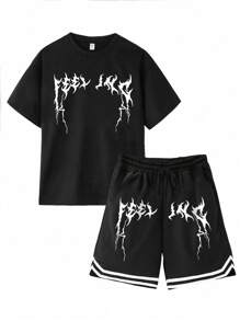 Conjunto informal de 2 piezas para adolescentes varones con camiseta de manga corta con estampado de rayos y pantalones cortos con cinturón tejido retazos
