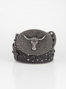 Cinturón unisex de piel de imitación de estilo punk, con hebilla con diamantes incrustados, inspiración en el estilo cowboy occidental, decorado con brillantes, apto para todas las estaciones
