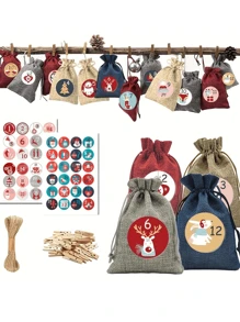Calendario de Adviento rellenable, 24 calendarios navideños rellenables, calendario de Adviento grande de 10 x 14 cm, rellenable, calendario de Adviento 2024 - Marca de madera roja gris azul E-24 - Ver 1