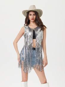 银色亮片无袖流苏亮片开襟背心