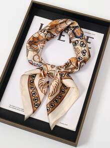 1pc Vintage Printed Lady's Silk Scarf, Soft & Elegant Headband For All Seasons, Multi Purpose Large Square Scarf 70*70cm, Perfect Gift Bandana,Hair Band,Head Band Ideal For Dressing Up Your Look - Beige - View 4