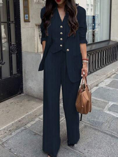 Women's Casual Commuter Striped Jacket, Pants, Vest 3-Piece Suit Set, Spring/Summer