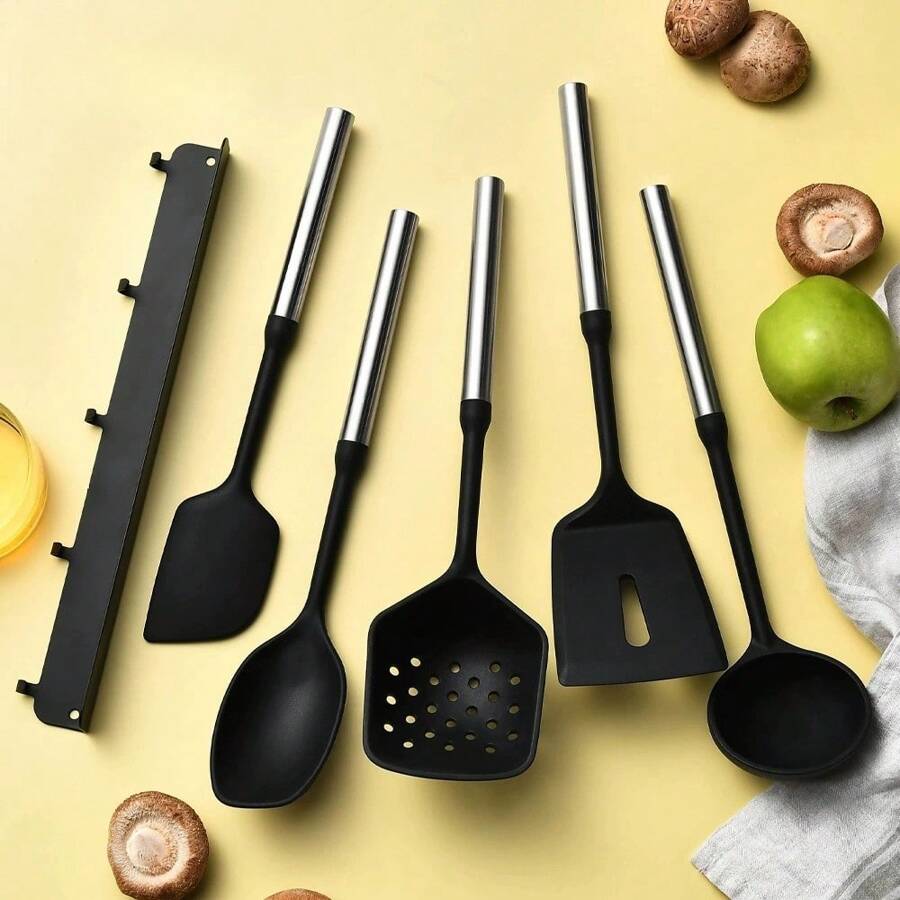 5pcs Stainless Steel Magnetic Handle Silicone Cooking Utensils Set With Hanging Rack, Heatproof & Easy To Clean Kitchen Tools For Cooking, Baking - Silicone Cooking Set With Magnetic Handle 5 Pieces - View 1