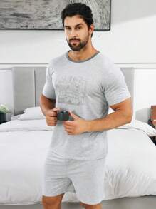 2pcs Men Pajama Set, Round Neck T-Shirt And Pants - Grey - View 2