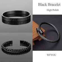 3Pcs Minimalist Stainless Steel Bracelets For Men Gold Roman Numeral Bangle Bracelet Twisted Cable Bracelet Adjustable Cuff Bracelet Mens Luxury Jewelry Bracelets Gifts - 黑色 - 查看 8