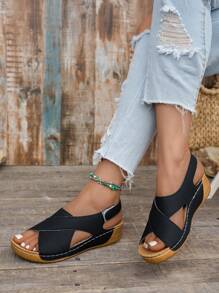 Women's New Summer Peep Toe Sandals, Thick Sole, Slip-On, Round Toe, Open-Toe, Waistline Design, Black And White Bic, Versatile, Beach Sandals That Can Be Worn Outside.