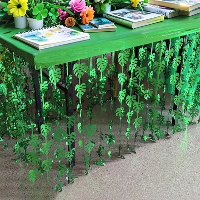 1 pieza Falda de mesa con forma de gotas de lluvia, delantal de mesa de comedor con estilo de hoja de tortuga, decoración de fiesta de cumpleaños con tema de primavera del sistema verde