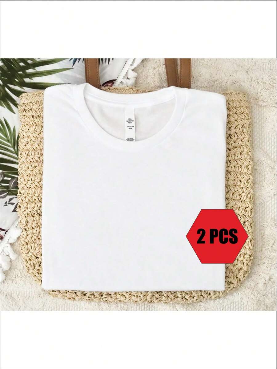 2 PCS Unisex Solid Short Sleeve Round Neck T-Shirt Set, 2 Set Summer Gym Fitness - trắng - Xem 1