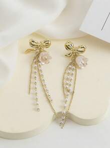 1 Pair Fashionable Elegant Minimalist Personalized Bowknot Faux Pearl Tassel Earrings, Suitable For Valentine's Day, Wedding, Holiday And Daily Wear - Multicolor - View 6