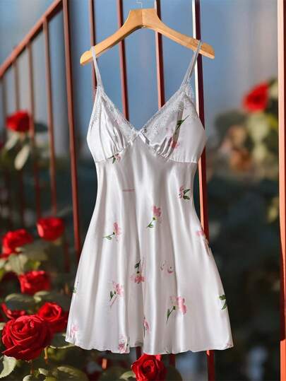 1pc Women Sexy Lace Printed Slip Dress With Adjustable Strap, Elegant Silk Floral Cami Sundress, Suitable For All Seasons, Can Be Worn As Outer Wear