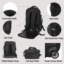 JLY Versatile Rolling Travel Backpack | Lightweight, Durable Nylon, Splash-Resistant | 2-In-1 Design For Carry-On & Daily Use | Includes Free Security Lock (Black) - Black - View 3