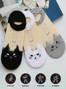 3/5 Pairs Women Cute Cartoon Cat Ankle Socks - Ultra Thin, Breathable, Invisible Low-Cut Design, Black/White/Gray Colors, Suitable For Summer, Casual Wear | Cartoon Cat Design | Flexible Socks - Multicolor - View 2