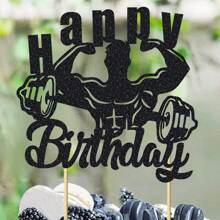 1 件/13 件健美主题生日蛋糕装饰 - 黑色闪光生日快乐蛋糕装饰 - 生日 / 杠铃 / 运动主题派对用品 - 送给男士的最佳礼物 - 彩色 - 查看 5