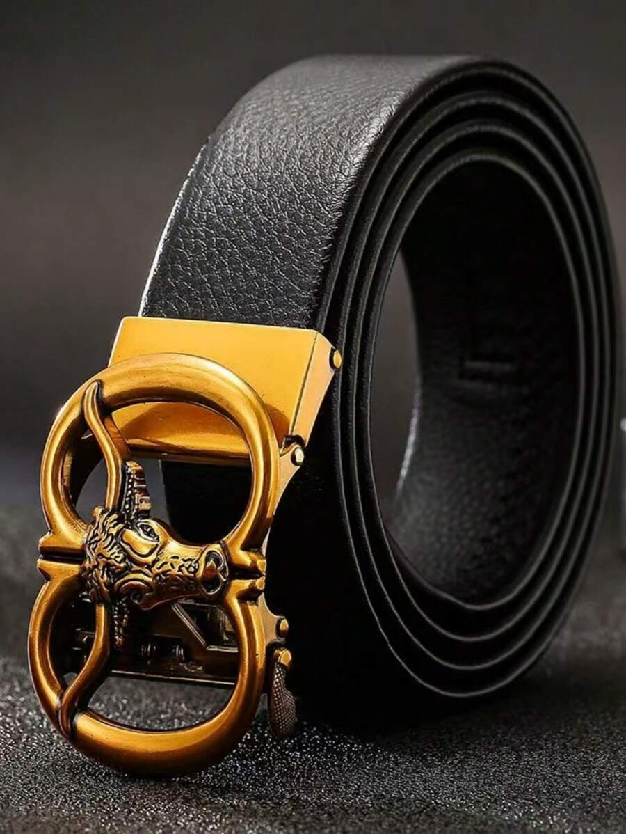 1pc Men's Vintage Sheep Head Pattern Luxury Automatic Buckle Belt, Adjustable Length, Suitable For Middle-Aged And Young Men, Fashion Accessory For Formal And Casual Occasions, Excellent Gift For Thanksgiving, Christmas, Father's Day