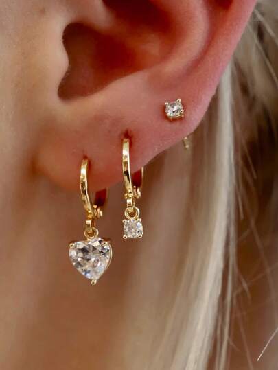 6件套简约心形立方氧化锆耳钉和耳环套装，女士适用，可作为礼物送给妈妈、朋友，也适合度假、约会、休闲或婚礼佩戴。