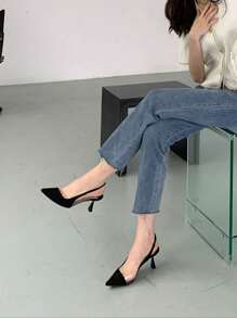 Xin Jing Shoes Giày cao gót mũi nhọn kiểu dáng slingback bằng da lộn, thanh lịch, gót nhọn nhỏ, thích hợp cho tiệc tùng, giày cao gót nhọn. - màu đen - Xem 7