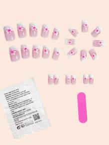 1 Box 24pcs Short Rectangle Middle-East Style Fashion Press-On Nails With Pink Flower Pattern And Glitter Trim, Suitable For Women Party, Festival Occasions And Daily Gathering, Includes 1 Nail File & 1 Jelly Gel Nail Decoration