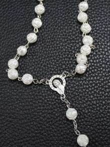 1pc Rose Resin Cross Necklace With Jesus Ascension & Water Baptism Design, Niche Layered Necklace For Women, Sweater Chain - White - View 4