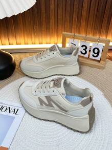 Fashionable, Elegant And Comfortable Thick Sole Casual Sneakers, Retro College Style, Suitable For Women. New Fashionable, Multi-Functional Thick-Soled Platform Sneakers For Spring And Summer - Khaki - View 11