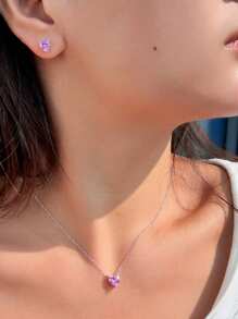 1 Set 5A Grade Cubic Zirconia 925 Sterling Silver Classic Heart Shaped Pink Pendant Necklace And Earrings, Engagement, Daily Party Jewelry Sets For Women, Anniversary Holiday Gifts