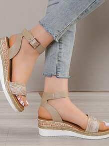 Summer New Fashion Snake Skin Pattern Platform Buckle Sandals, Thick Sole Straw Rope Thick Bottom Beach Slides - Khaki - View 5