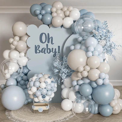 112 blå ballonggirlangbågar set dimmiga blå vita sandballonger för babydop, födelsedag, björntema, bröllop, brudtärna, årsdag, könsavslöjande, festdekorationer, presenter, examensfödelsedagsdekorationer, möhippadekor, examensdekorationer, sommarstrand, tillbaka till skolan, skolmaterial, rumsdekor