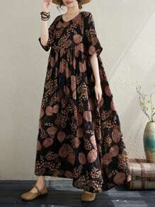 Đầm đi biển phong cách Bohemian mới năm 2026, cổ tròn, in hoa, dáng rộng, kiểu dáng xòe, cỡ lớn, màu đen thanh lịch. - màu đen - Xem 5