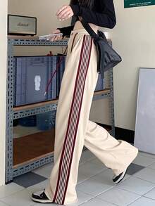 女士高腰抽绳阔腿宽松休闲运动裤、下装 - 杏色 - 查看 4