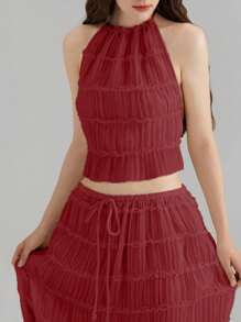 Women Y2k Two Piece Maxi Skirt Sets Beach Vacation Outfit Boho Sleeveless Ruched Halter Crop Cami Tops Backless Tank Tops And Long Swing Skirt Pleated Retro Tulle Chiffon Flowy Skirt Going Out Set 2 Piece Outfits Summer Holiday Party Outfit - 紅色 - 查看 8