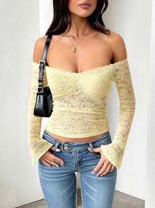 GAOVOT Women's Fall Top Y2K Sexy Slim One Line Shoulder Long Sleeve Lace Top