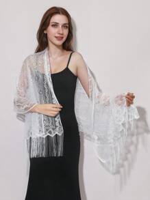 1pc Women's Solid Color Paisley Hollow Lace Tassel Scarf, Versatile Fashion Shawl, Sunscreen Beach Wrap For Party & Vacation - Paisley Pattern - View 2