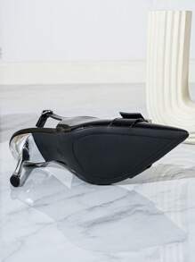 Women's Pointed Toe High Heel Pumps, Black Patent Leather With Gold Rhinestone Decoration, Slingback Stylish Formal Shoes For Social Occasions