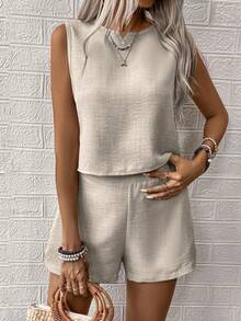 Versatile Casual Solid Color V-Neck Notch Design Simple Sleeveless Top Suit Summer Loose Solid Color Women's Wide-Leg Pants Shorts Suit Home Wear Suit - Apricot - View 4